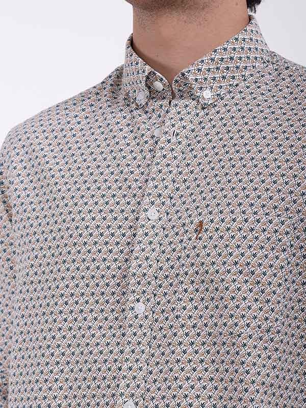 Indian Terrain Men's Regular Fit Full Sleeve Floral Print Off White Shirt